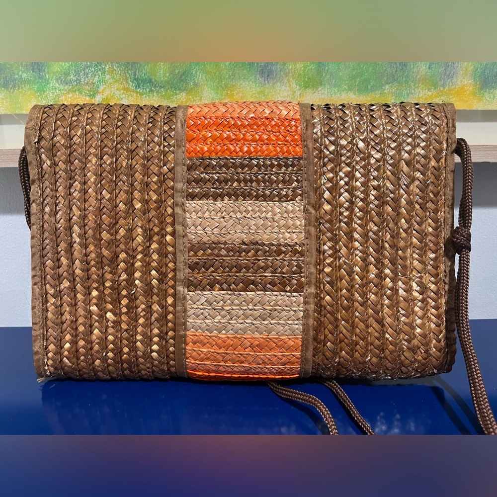 Waves Straw Wicker Purse Envelope Clutch Bag Brown Orange Vintage 70s 80s Lined - Picture 4 of 10